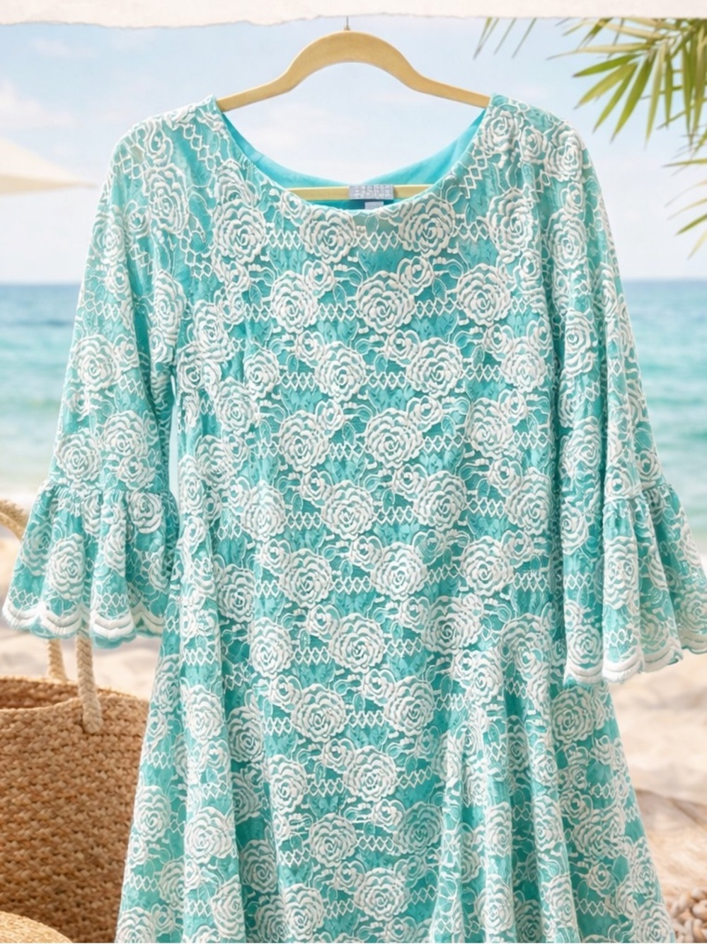 Aqua Floral Lace Midi Dress with Bell Sleeves